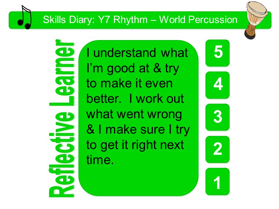 Skills Diary: Y7 Rhythm – World Percussion I understand what I’m good at & try to make it even better.