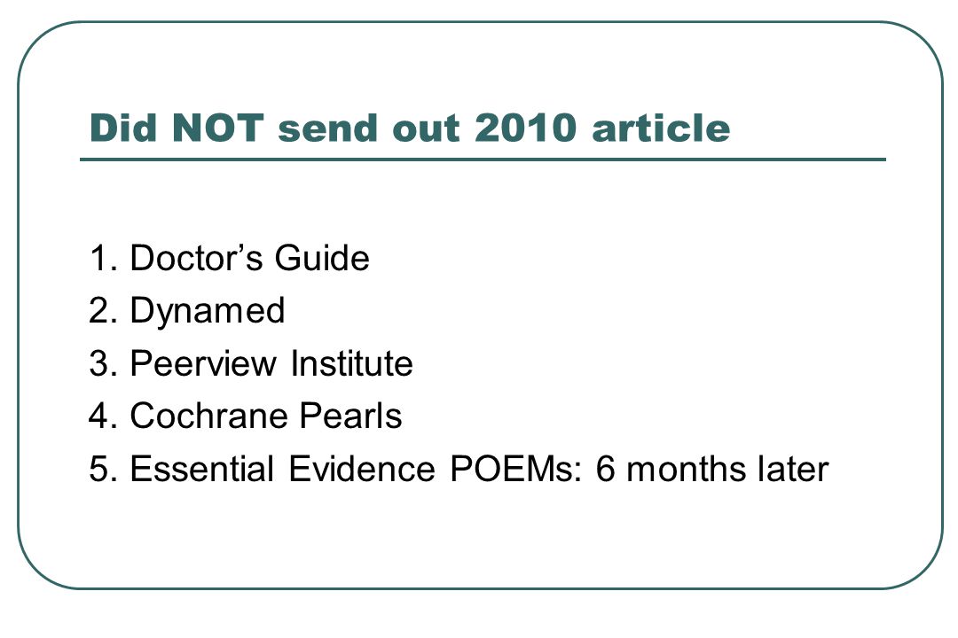 Did NOT send out 2010 article 1. Doctor’s Guide 2.