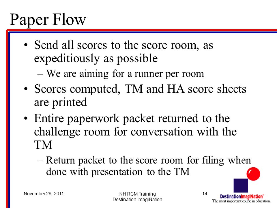 14November 26, 2011NH RCM Training Destination ImagiNation Paper Flow Send all scores to the score room, as expeditiously as possible –We are aiming for a runner per room Scores computed, TM and HA score sheets are printed Entire paperwork packet returned to the challenge room for conversation with the TM –Return packet to the score room for filing when done with presentation to the TM