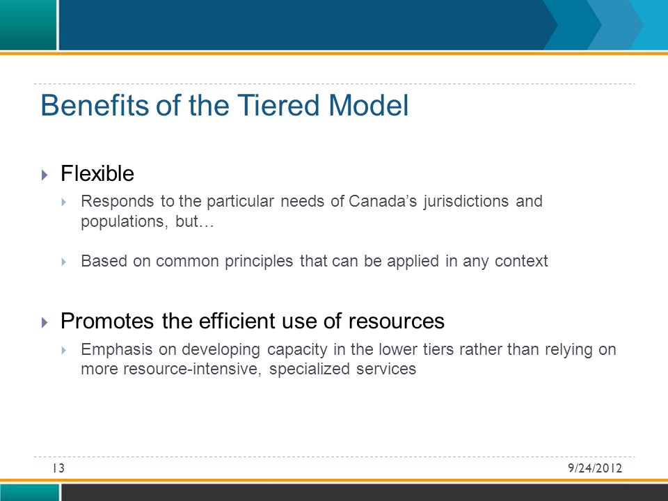  Flexible  Responds to the particular needs of Canada’s jurisdictions and populations, but…  Based on common principles that can be applied in any context  Promotes the efficient use of resources  Emphasis on developing capacity in the lower tiers rather than relying on more resource-intensive, specialized services Benefits of the Tiered Model 9/24/201213