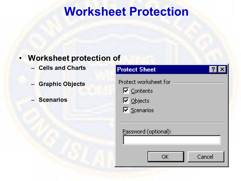 Worksheet Protection Worksheet protection of –Cells and Charts –Graphic Objects –Scenarios