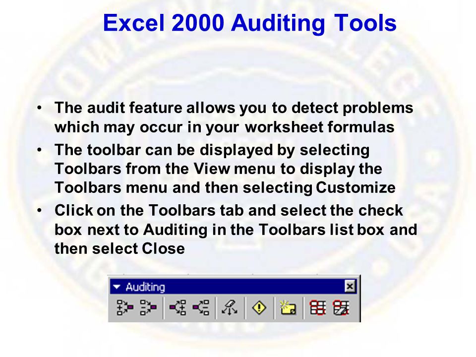 Excel 2000 Auditing Tools The audit feature allows you to detect problems which may occur in your worksheet formulas The toolbar can be displayed by selecting Toolbars from the View menu to display the Toolbars menu and then selecting Customize Click on the Toolbars tab and select the check box next to Auditing in the Toolbars list box and then select Close