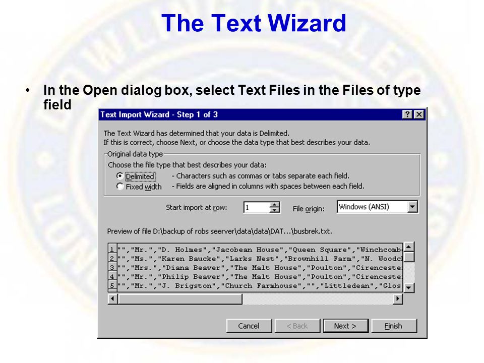 The Text Wizard In the Open dialog box, select Text Files in the Files of type field