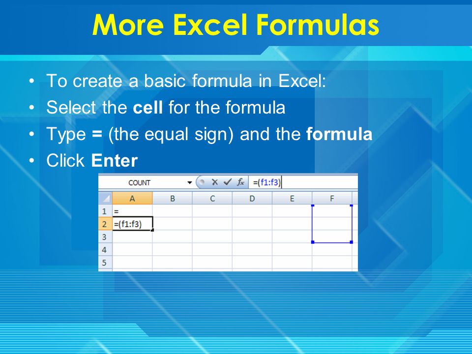 Excel Formulas A formula is a set of mathematical instructions that can be used in Excel to perform calculations.