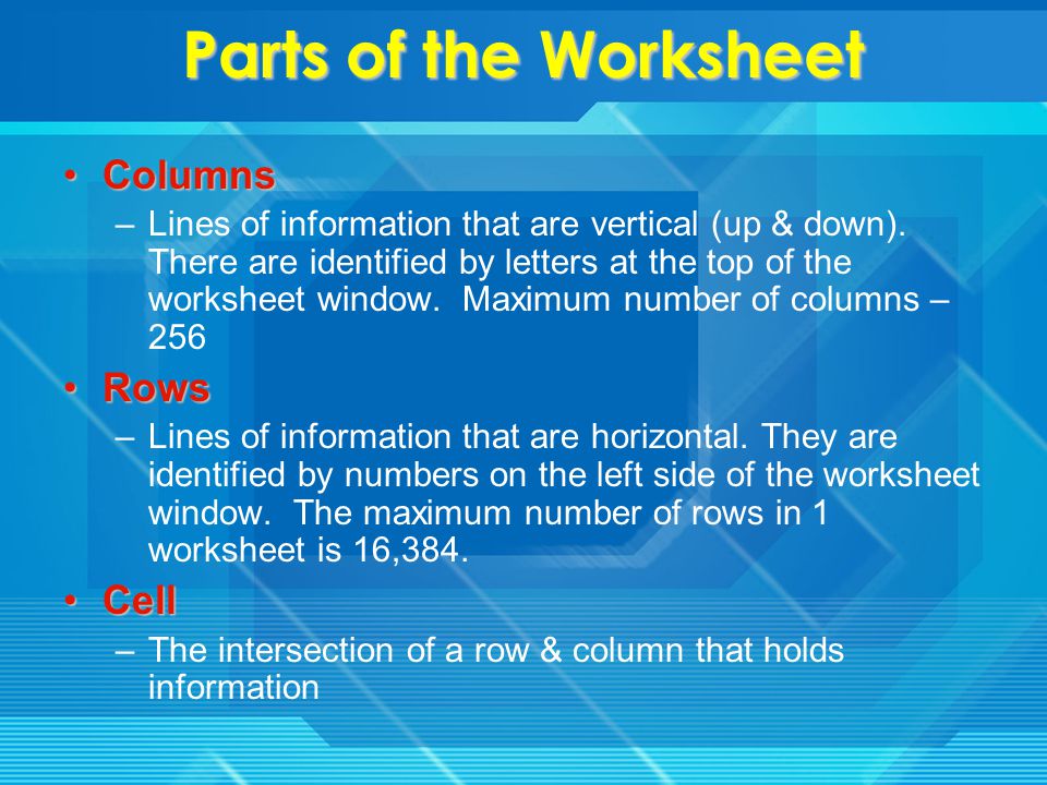 Important Terms Worksheet-Excel calls each spreadsheet a worksheet.