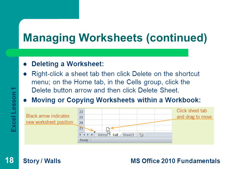 Excel Lesson 1 Story / WallsMS Office 2010 Fundamentals Managing Worksheets (continued) Deleting a Worksheet: Right-click a sheet tab then click Delete on the shortcut menu; on the Home tab, in the Cells group, click the Delete button arrow and then click Delete Sheet.