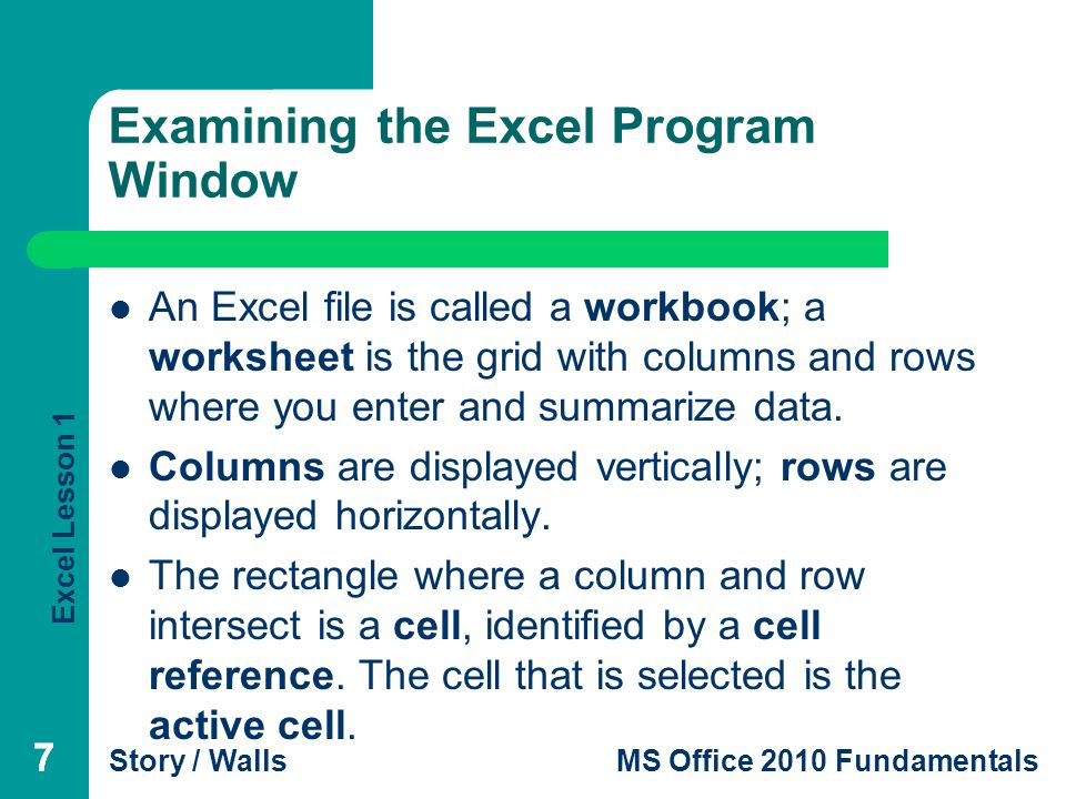 Excel Lesson 1 Story / WallsMS Office 2010 Fundamentals 77 Examining the Excel Program Window An Excel file is called a workbook; a worksheet is the grid with columns and rows where you enter and summarize data.