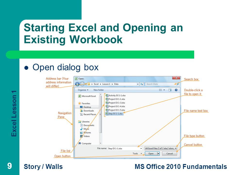 Excel Lesson 1 Story / WallsMS Office 2010 Fundamentals 999 Starting Excel and Opening an Existing Workbook Open dialog box