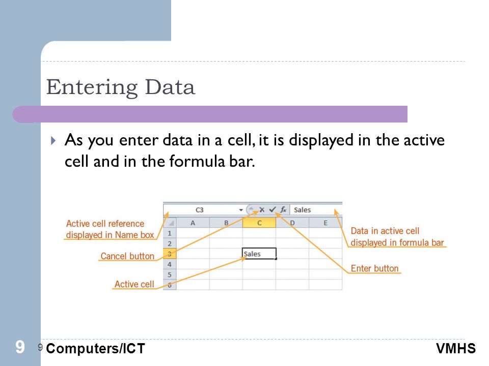 Computers/ICTVMHS Entering Data 9  As you enter data in a cell, it is displayed in the active cell and in the formula bar.