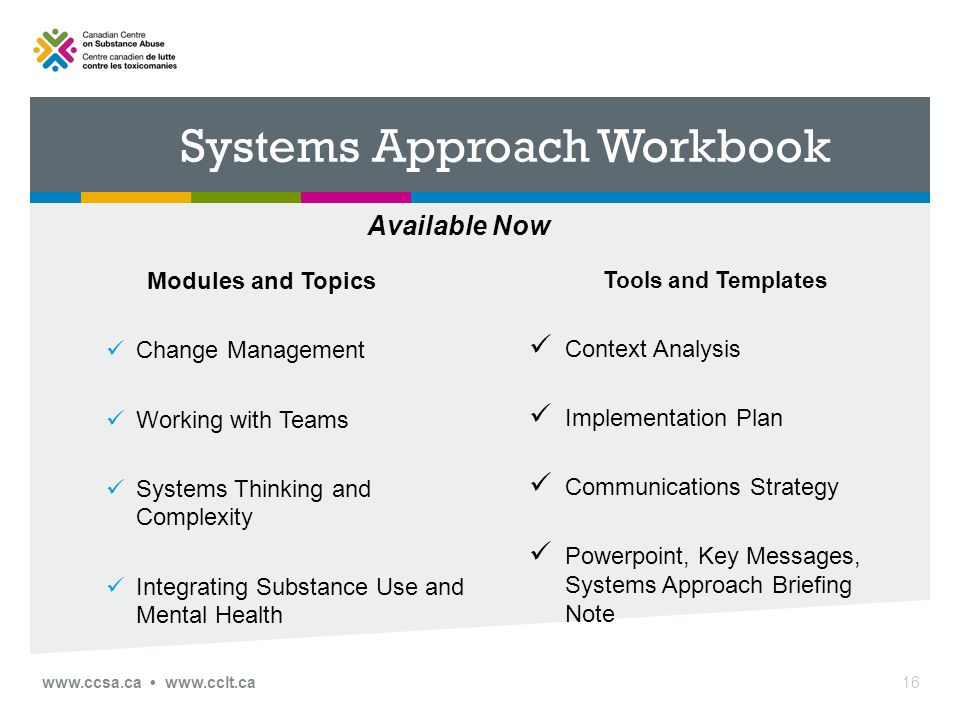 Systems Approach Workbook Modules and Topics Change Management Working with Teams Systems Thinking and Complexity Integrating Substance Use and Mental Health Tools and Templates Context Analysis Implementation Plan Communications Strategy Powerpoint, Key Messages, Systems Approach Briefing Note 16 Available Now