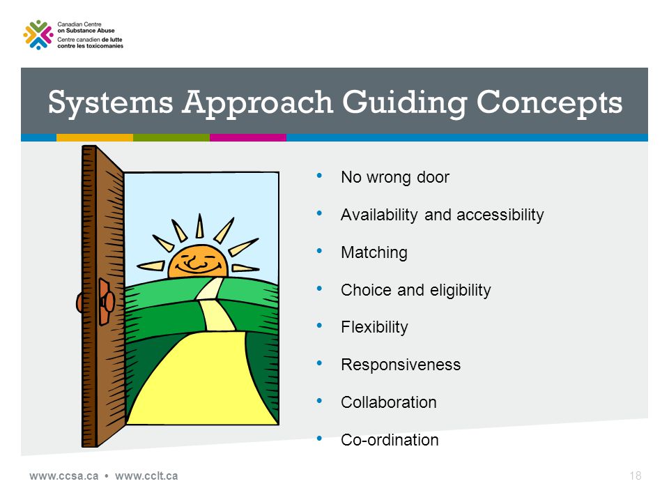 Systems Approach Guiding Concepts No wrong door Availability and accessibility Matching Choice and eligibility Flexibility Responsiveness Collaboration Co-ordination