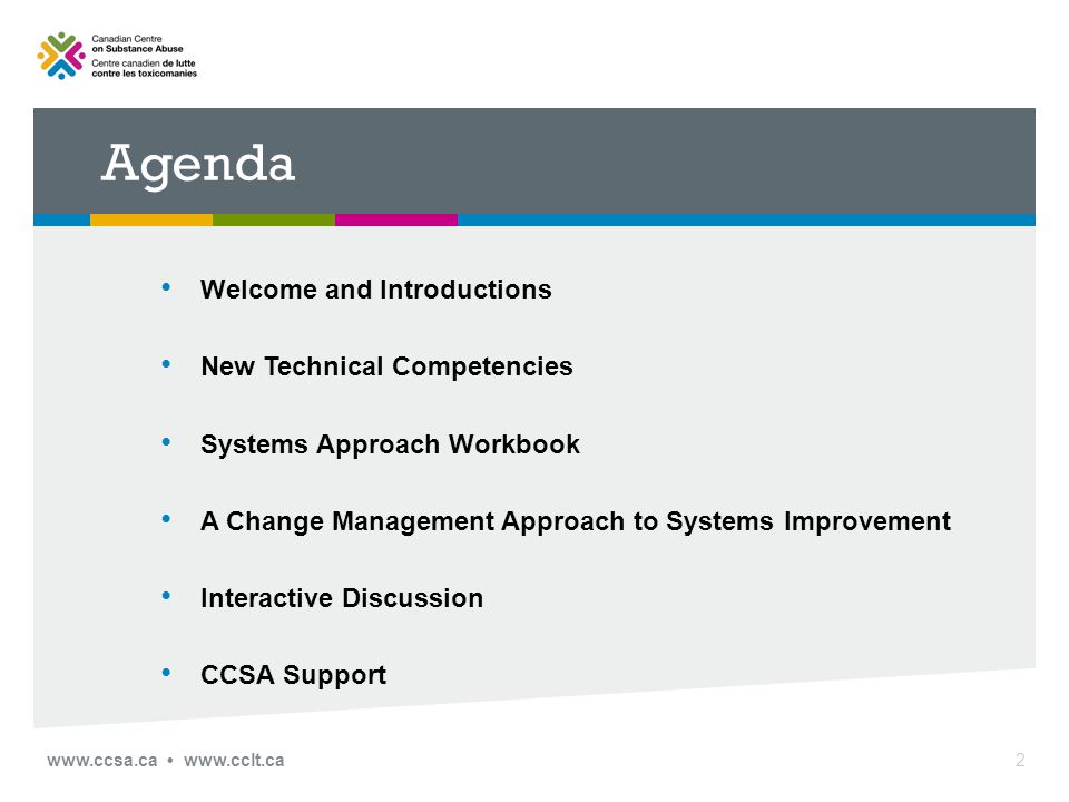 Agenda Welcome and Introductions New Technical Competencies Systems Approach Workbook A Change Management Approach to Systems Improvement Interactive Discussion CCSA Support