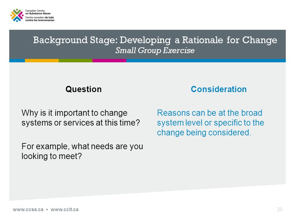 Background Stage: Developing a Rationale for Change Small Group Exercise Question Why is it important to change systems or services at this time.