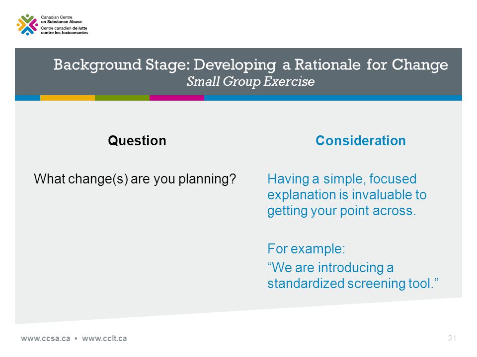 Background Stage: Developing a Rationale for Change Small Group Exercise Question What change(s) are you planning.