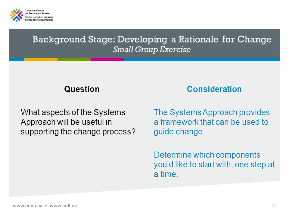 Background Stage: Developing a Rationale for Change Small Group Exercise Question What aspects of the Systems Approach will be useful in supporting the change process.