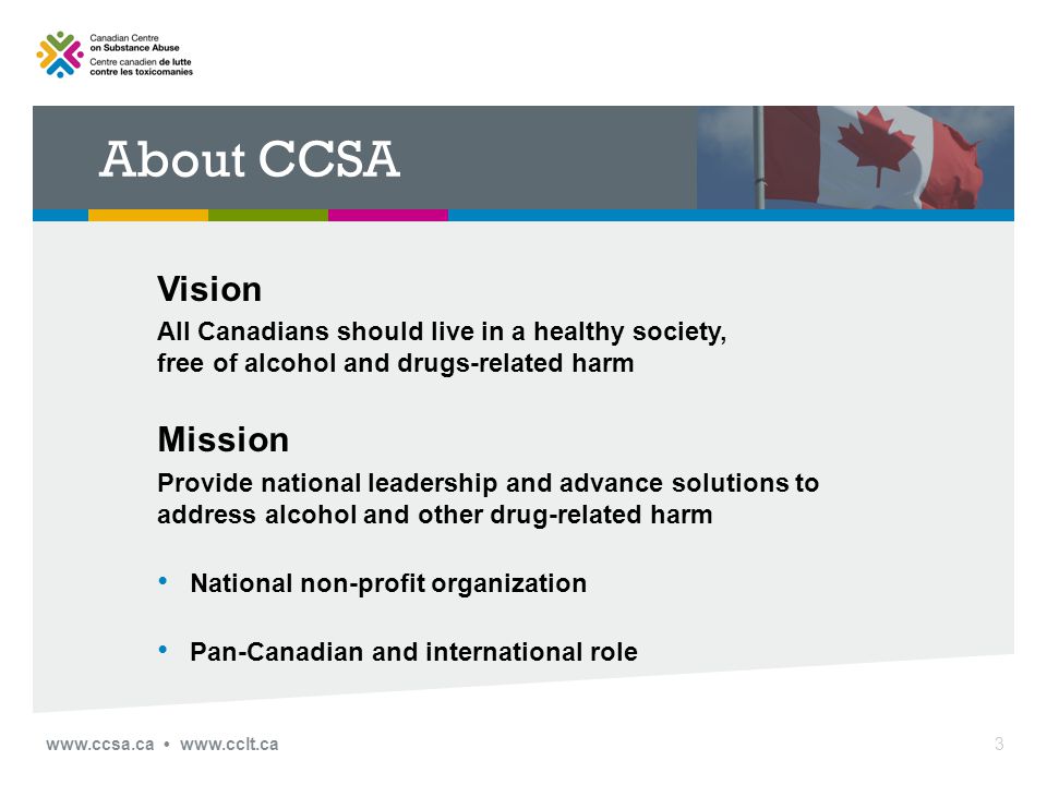About CCSA Vision All Canadians should live in a healthy society, free of alcohol and drugs-related harm Mission Provide national leadership and advance solutions to address alcohol and other drug-related harm National non-profit organization Pan-Canadian and international role