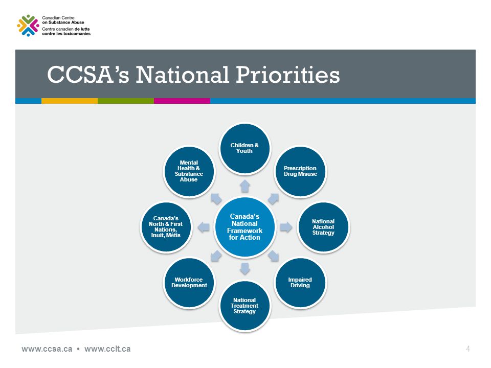 CCSA’s National Priorities Canada’s National Framework for Action Children & Youth Mental Health & Substance Abuse Canada’s North & First Nations, Inuit, Métis Workforce Development National Treatment Strategy Impaired Driving National Alcohol Strategy Prescription Drug Misuse 4