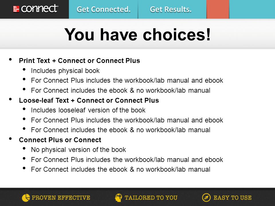 Print Text + Connect or Connect Plus Includes physical book For Connect Plus includes the workbook/lab manual and ebook For Connect includes the ebook & no workbook/lab manual Loose-leaf Text + Connect or Connect Plus Includes looseleaf version of the book For Connect Plus includes the workbook/lab manual and ebook For Connect includes the ebook & no workbook/lab manual Connect Plus or Connect No physical version of the book For Connect Plus includes the workbook/lab manual and ebook For Connect includes the ebook & no workbook/lab manual You have choices!