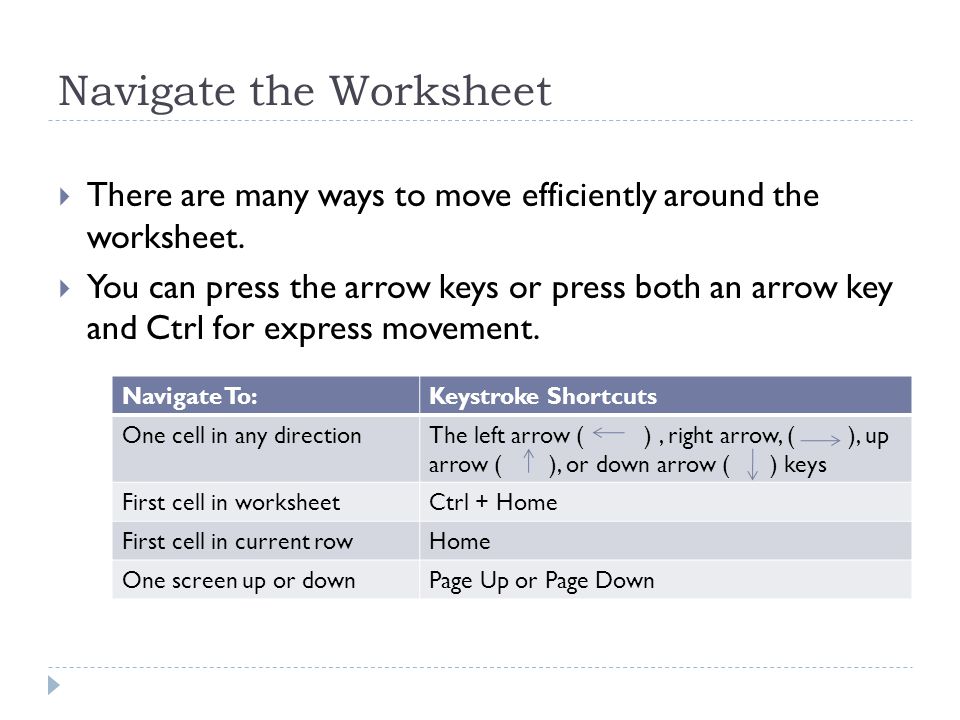 Navigate the Worksheet  There are many ways to move efficiently around the worksheet.