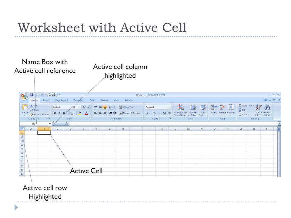 Worksheet with Active Cell Name Box with Active cell reference Active cell column highlighted Active Cell Active cell row Highlighted