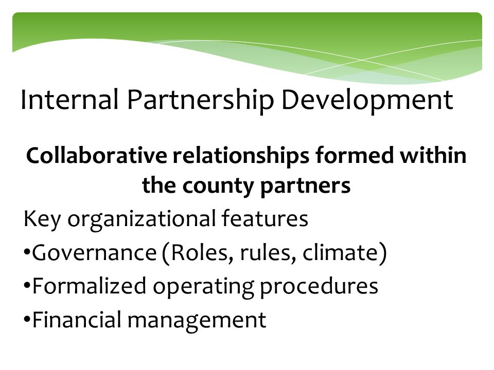 Internal Partnership Development Collaborative relationships formed within the county partners Key organizational features Governance (Roles, rules, climate) Formalized operating procedures Financial management