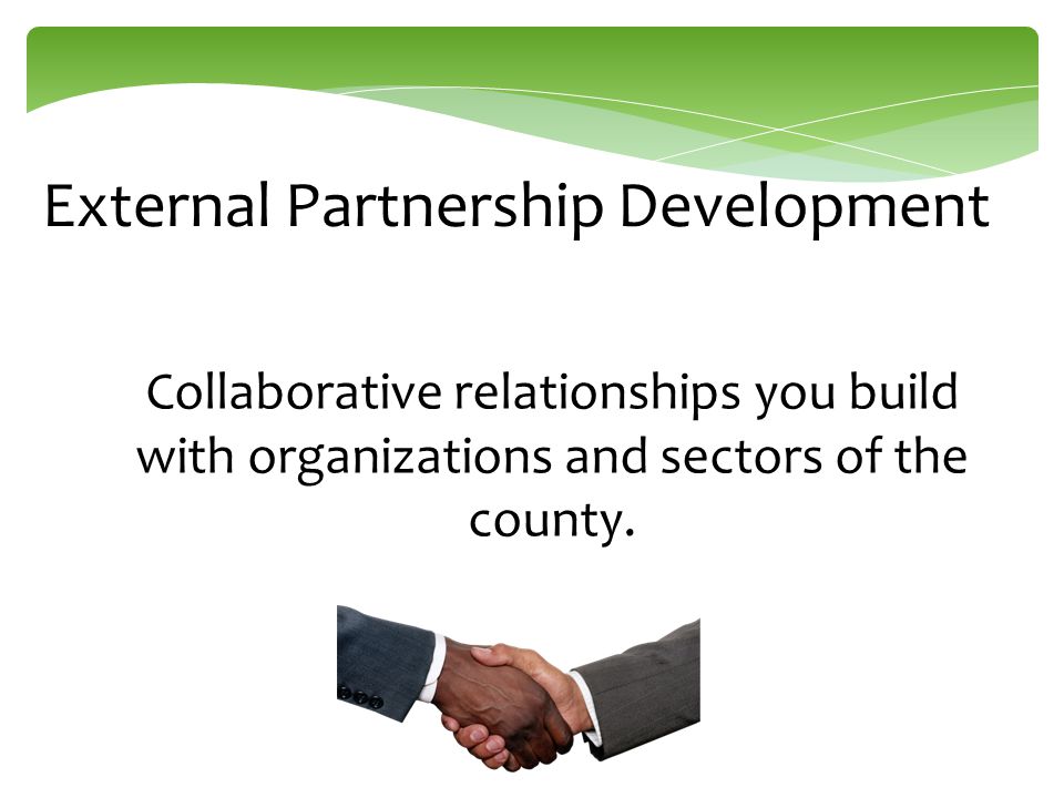 External Partnership Development Collaborative relationships you build with organizations and sectors of the county.