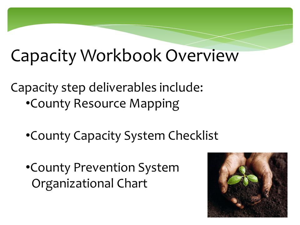 Capacity Workbook Overview Capacity step deliverables include: County Resource Mapping County Capacity System Checklist County Prevention System Organizational Chart