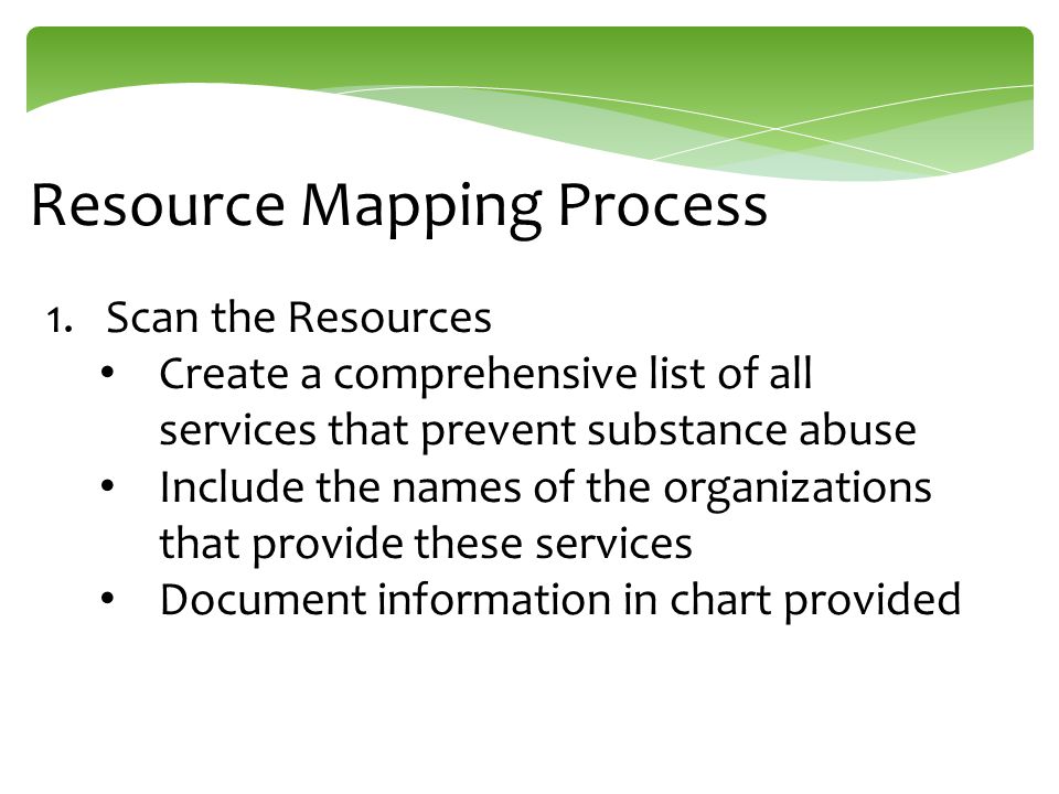 Resource Mapping Process 1.Scan the Resources Create a comprehensive list of all services that prevent substance abuse Include the names of the organizations that provide these services Document information in chart provided