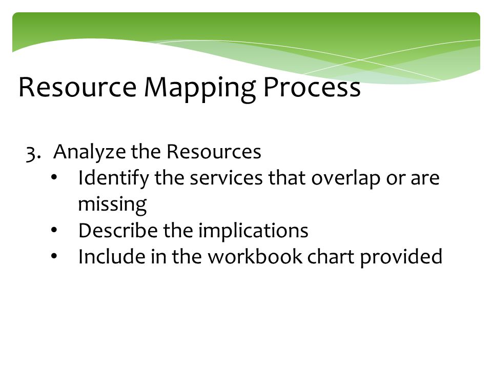 Resource Mapping Process 3.Analyze the Resources Identify the services that overlap or are missing Describe the implications Include in the workbook chart provided