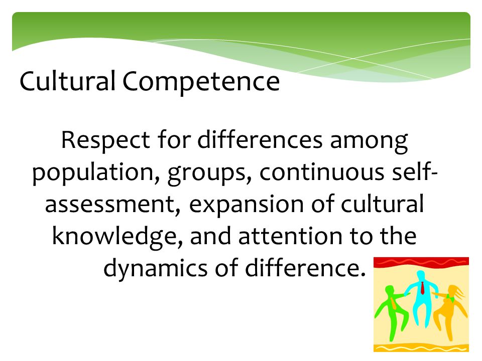 Respect for differences among population, groups, continuous self- assessment, expansion of cultural knowledge, and attention to the dynamics of difference.