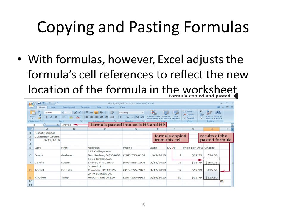 Copying and Pasting Formulas With formulas, however, Excel adjusts the formula’s cell references to reflect the new location of the formula in the worksheet 40