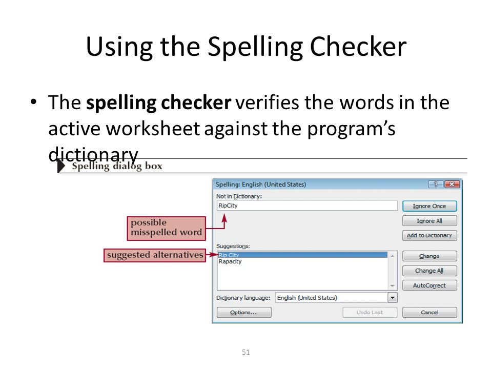 Using the Spelling Checker The spelling checker verifies the words in the active worksheet against the program’s dictionary 51