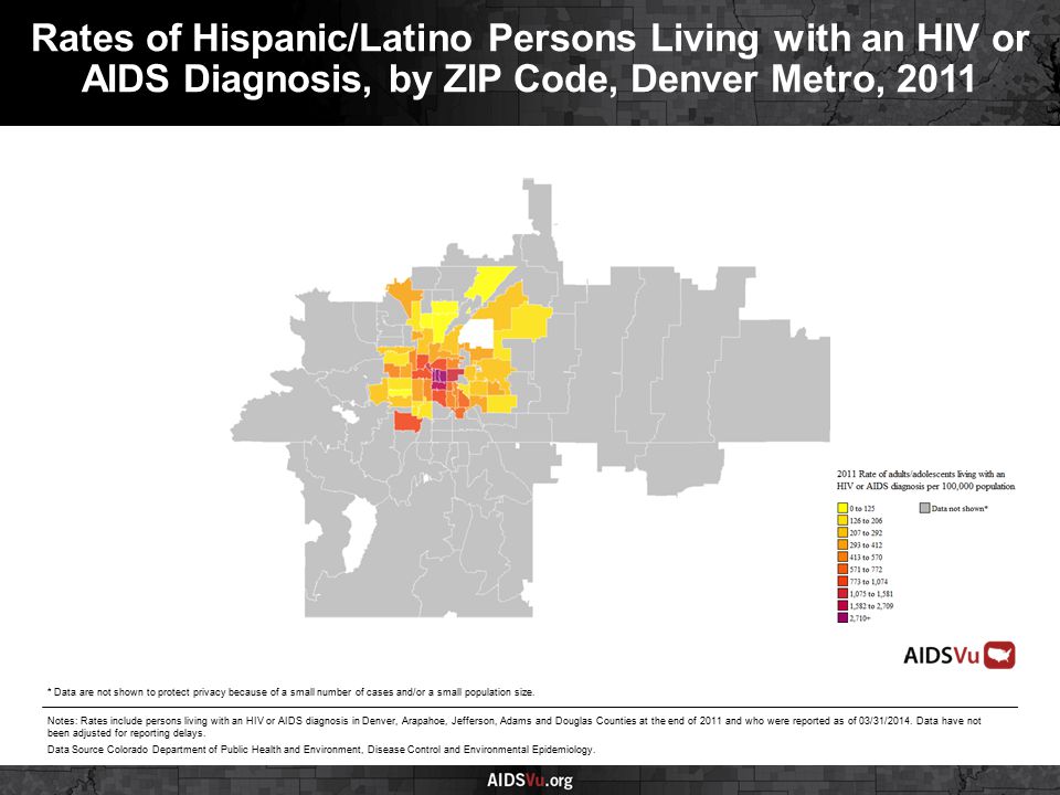 Rates of Hispanic/Latino Persons Living with an HIV or AIDS Diagnosis, by ZIP Code, Denver Metro, 2011 Notes: Rates include persons living with an HIV or AIDS diagnosis in Denver, Arapahoe, Jefferson, Adams and Douglas Counties at the end of 2011 and who were reported as of 03/31/2014.