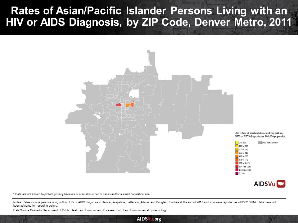 Rates of Asian/Pacific Islander Persons Living with an HIV or AIDS Diagnosis, by ZIP Code, Denver Metro, 2011 Notes: Rates include persons living with an HIV or AIDS diagnosis in Denver, Arapahoe, Jefferson, Adams and Douglas Counties at the end of 2011 and who were reported as of 03/31/2014.