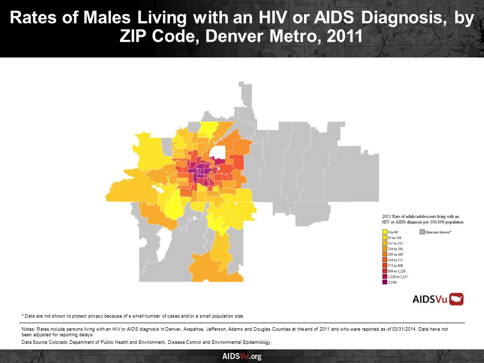 Rates of Males Living with an HIV or AIDS Diagnosis, by ZIP Code, Denver Metro, 2011 Notes: Rates include persons living with an HIV or AIDS diagnosis in Denver, Arapahoe, Jefferson, Adams and Douglas Counties at the end of 2011 and who were reported as of 03/31/2014.