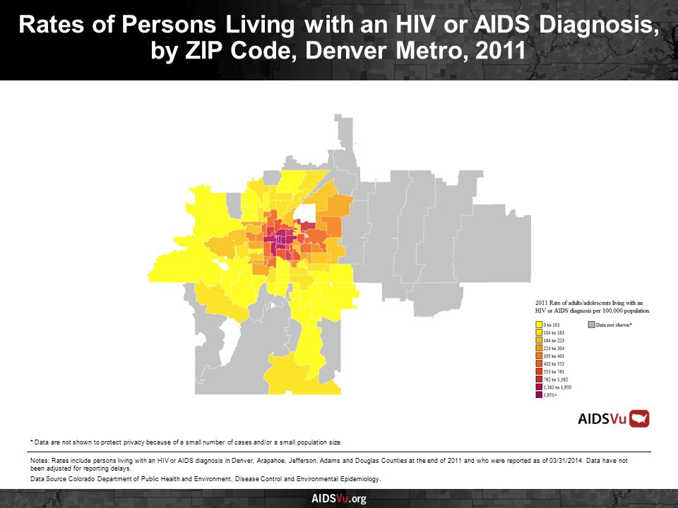 Rates of Persons Living with an HIV or AIDS Diagnosis, by ZIP Code, Denver Metro, 2011 Notes: Rates include persons living with an HIV or AIDS diagnosis in Denver, Arapahoe, Jefferson, Adams and Douglas Counties at the end of 2011 and who were reported as of 03/31/2014.
