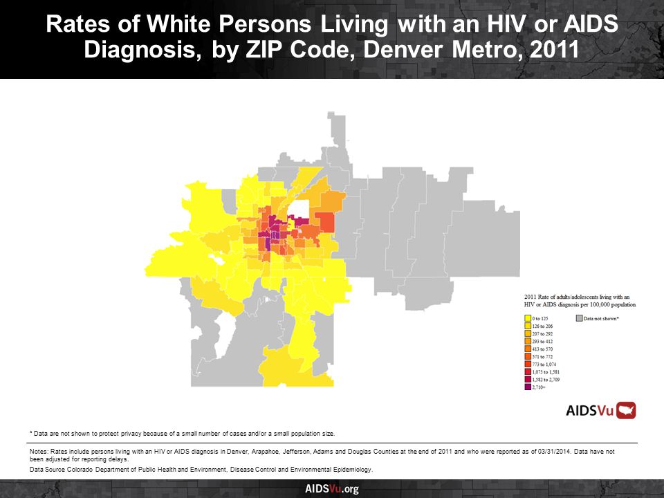 Rates of White Persons Living with an HIV or AIDS Diagnosis, by ZIP Code, Denver Metro, 2011 Notes: Rates include persons living with an HIV or AIDS diagnosis in Denver, Arapahoe, Jefferson, Adams and Douglas Counties at the end of 2011 and who were reported as of 03/31/2014.