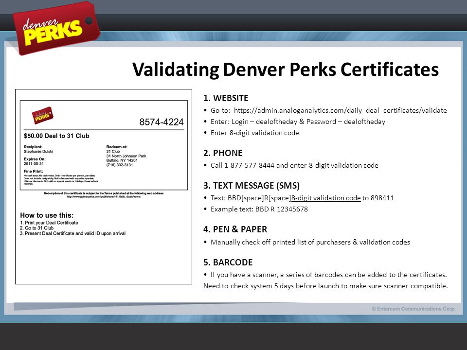 Validating Denver Perks Certificates 1.