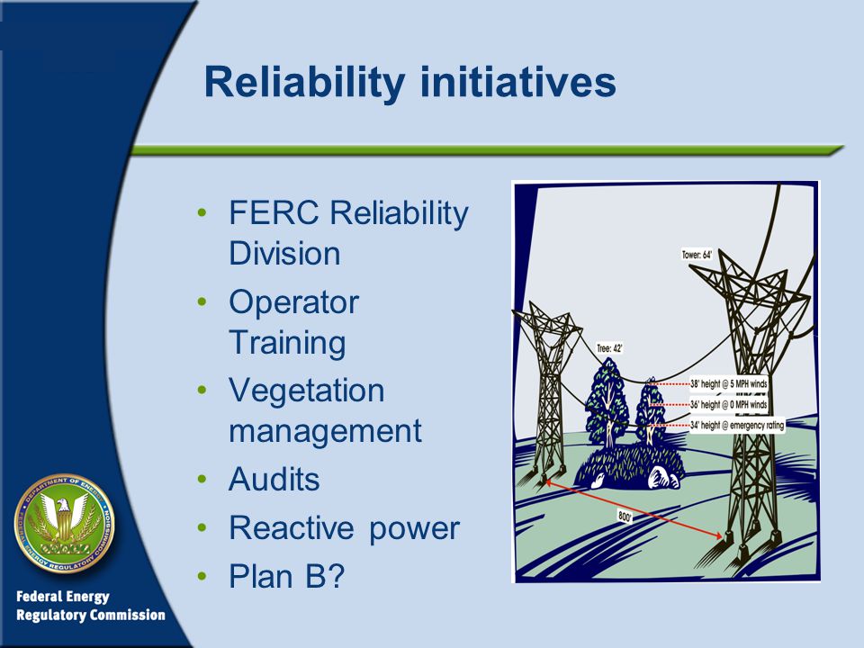 Reliability initiatives FERC Reliability Division Operator Training Vegetation management Audits Reactive power Plan B