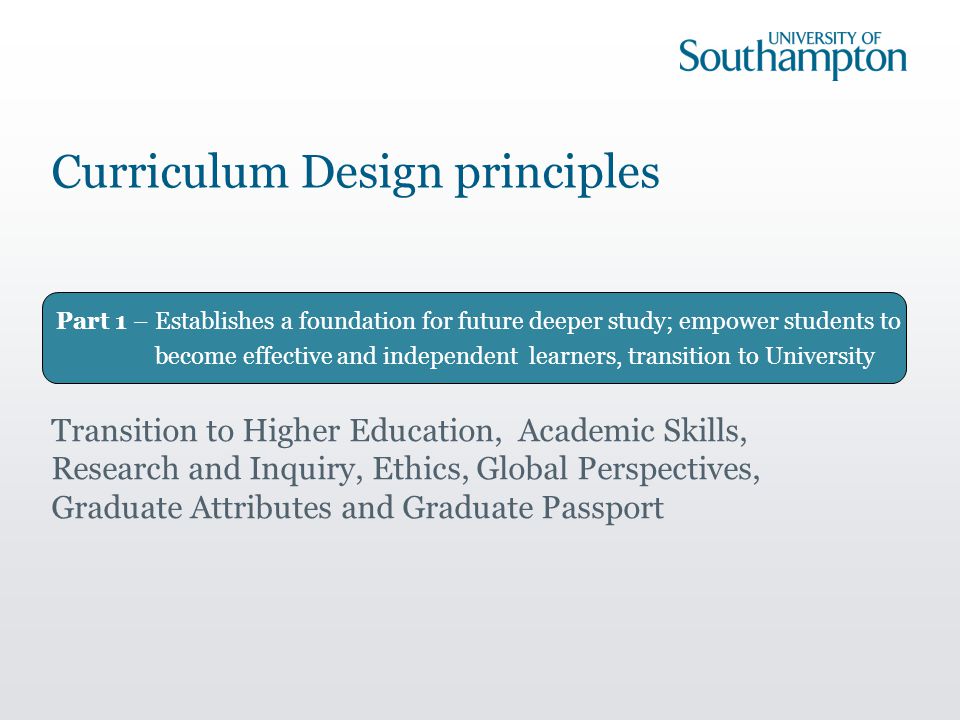 Part 1 – Establishes a foundation for future deeper study; empower students to become effective and independent learners, transition to University Curriculum Design principles Transition to Higher Education, Academic Skills, Research and Inquiry, Ethics, Global Perspectives, Graduate Attributes and Graduate Passport