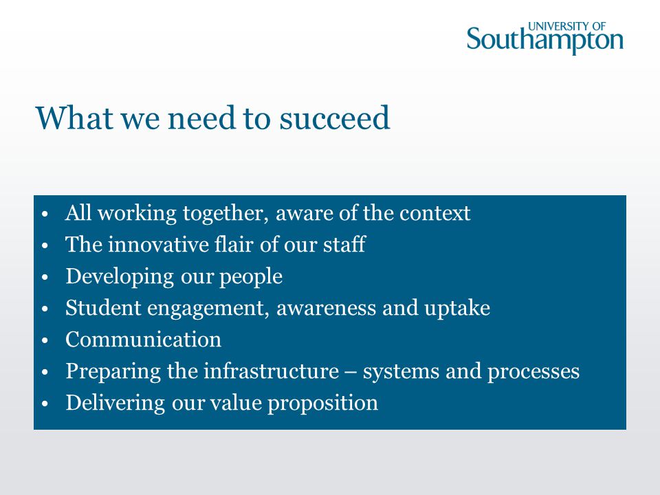 What we need to succeed All working together, aware of the context The innovative flair of our staff Developing our people Student engagement, awareness and uptake Communication Preparing the infrastructure – systems and processes Delivering our value proposition