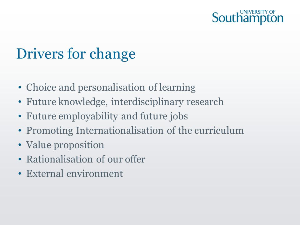Drivers for change Choice and personalisation of learning Future knowledge, interdisciplinary research Future employability and future jobs Promoting Internationalisation of the curriculum Value proposition Rationalisation of our offer External environment