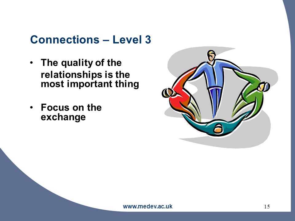 Connections – Level 3 The quality of the relationships is the most important thing Focus on the exchange