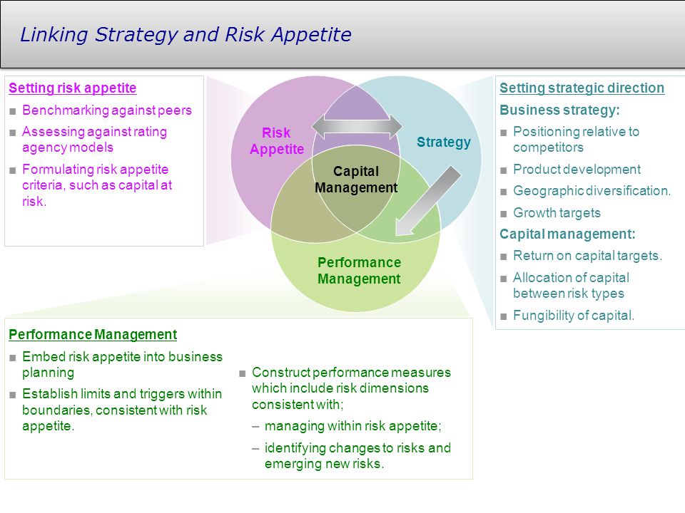 Linking Strategy and Risk Appetite Performance Management ■Embed risk appetite into business planning ■Establish limits and triggers within boundaries, consistent with risk appetite.