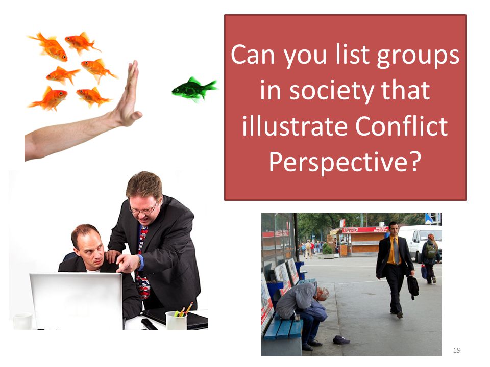 Can you list groups in society that illustrate Conflict Perspective 19