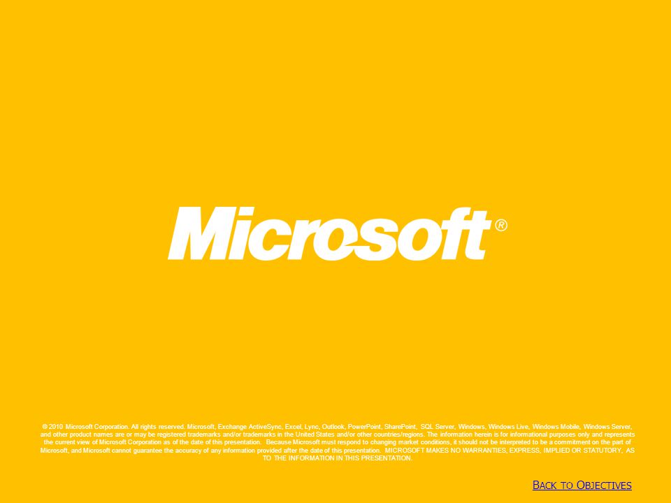 Copyright© 2010 Microsoft Corporation B ACK TO O BJECTIVES B ACK TO O BJECTIVES © 2010 Microsoft Corporation.