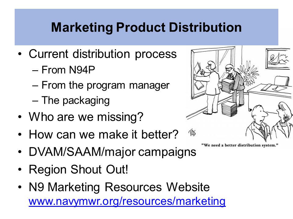 Marketing Product Distribution Current distribution process –From N94P –From the program manager –The packaging Who are we missing.