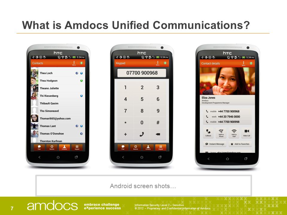 Information Security Level 2 – Sensitive © 2012 – Proprietary and Confidential Information of Amdocs 7 Android screen shots… What is Amdocs Unified Communications