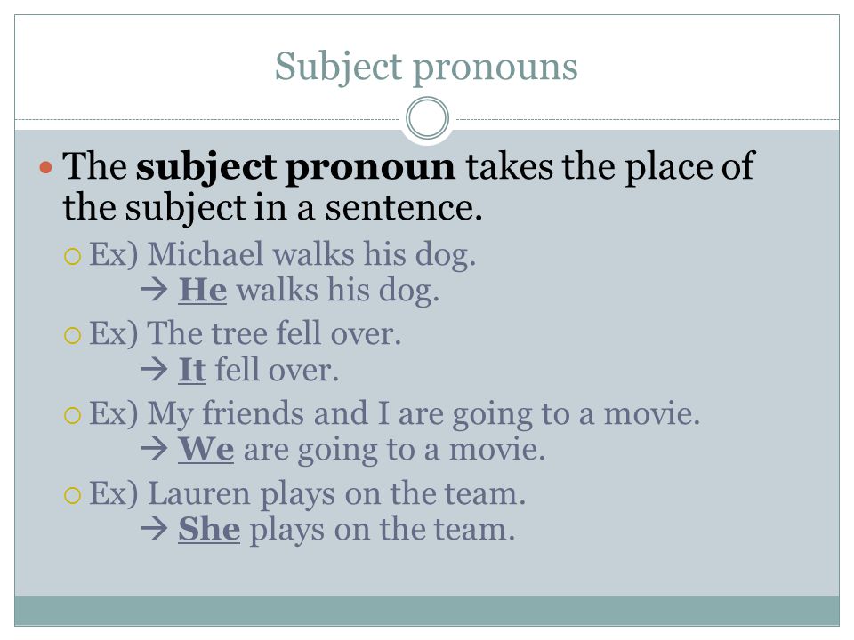 Subject pronouns The subject pronoun takes the place of the subject in a sentence.