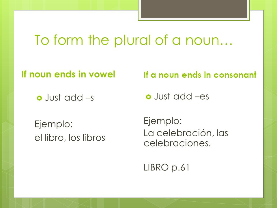 To form the plural of a noun… If noun ends in vowel  Just add –s Ejemplo: el libro, los libros If a noun ends in consonant  Just add –es Ejemplo: La celebración, las celebraciones.